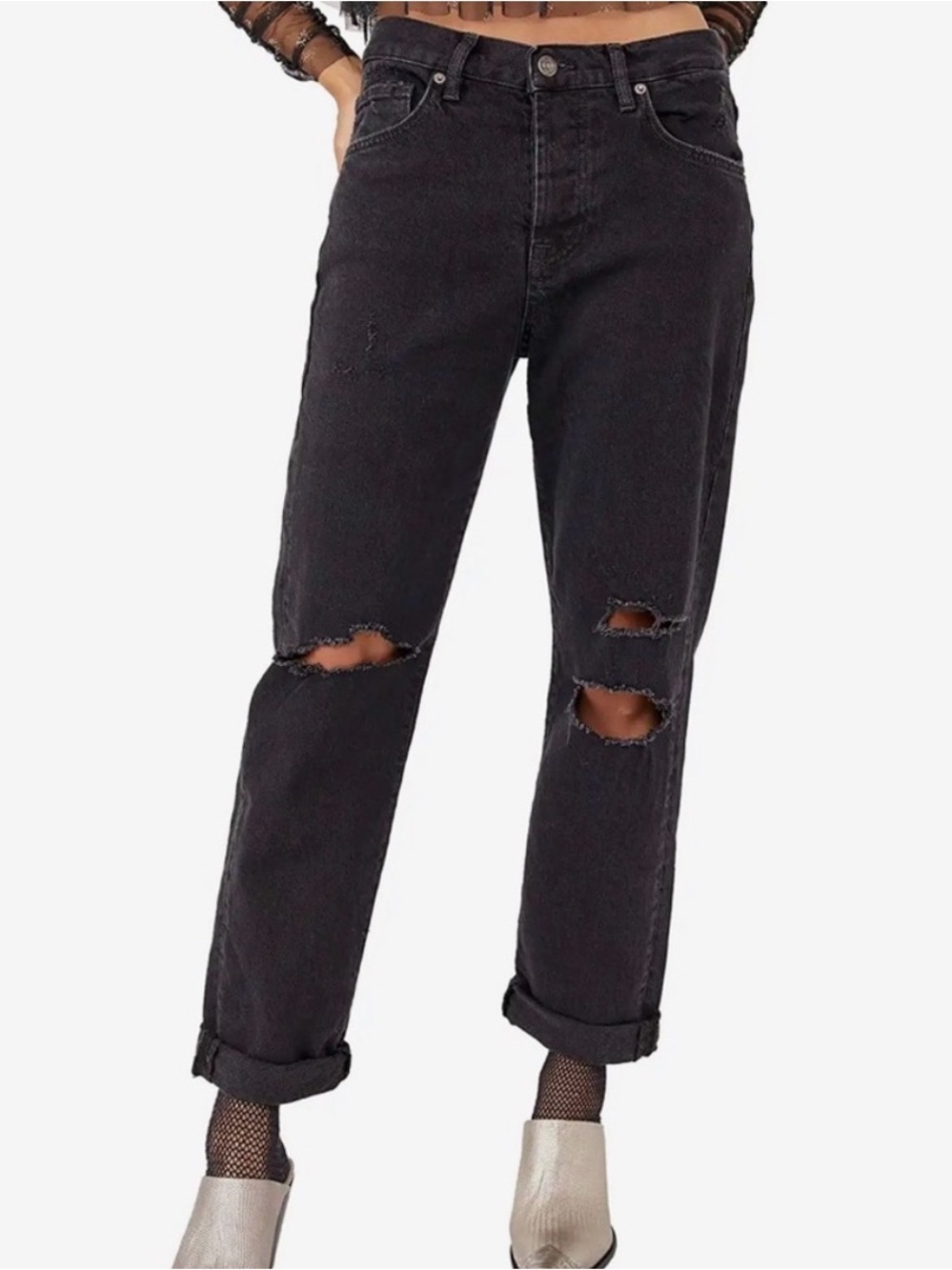We The Free Black Boyfriend Jeans with Rolled Cuffs
